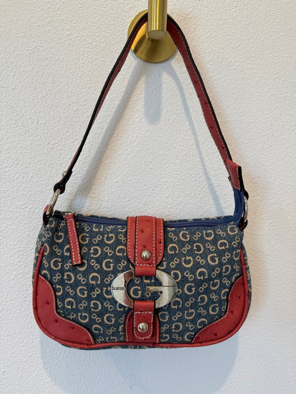 Vintage Y2K Guess Denim Monogram Shoulder Baugette Bag – Rare Red & Blue